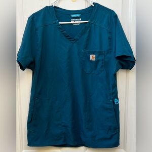 Carhartt Force Essentials V Neck Caribbean Blue Pockets Scrub Top-Womens Large